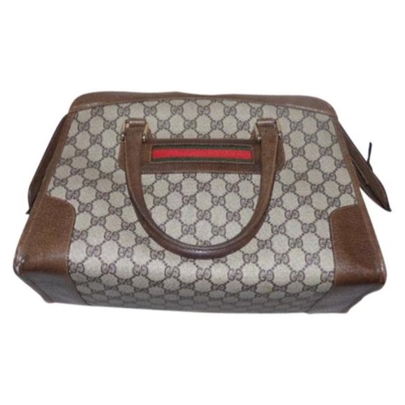 Gucci Large Logo Print Satchel Shades Of Brown With Red And Green Stripes - Picture 1 of 6